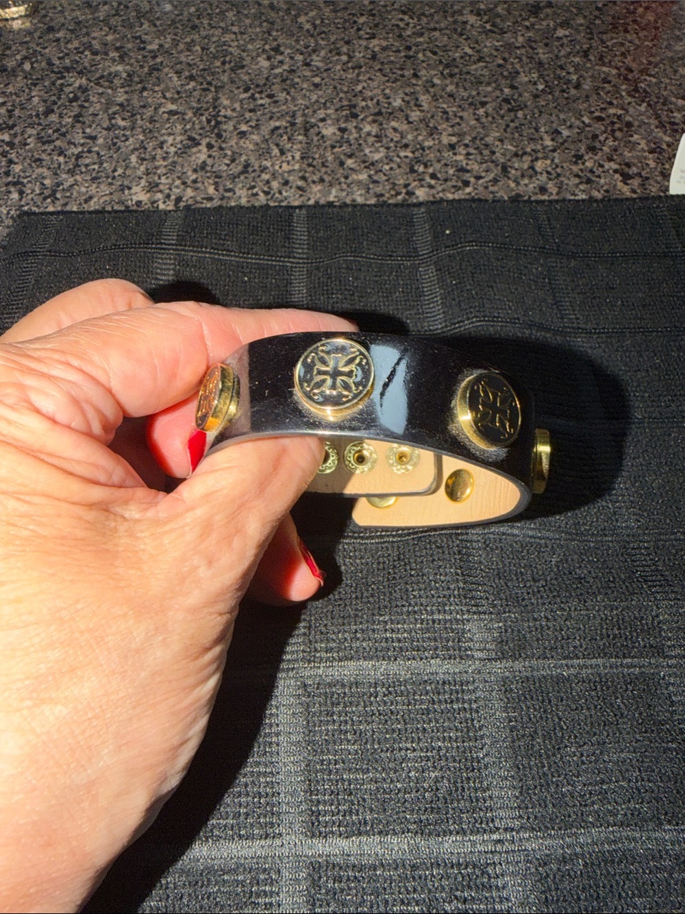 Black Leather Snap Bracelet with Gold Medallions